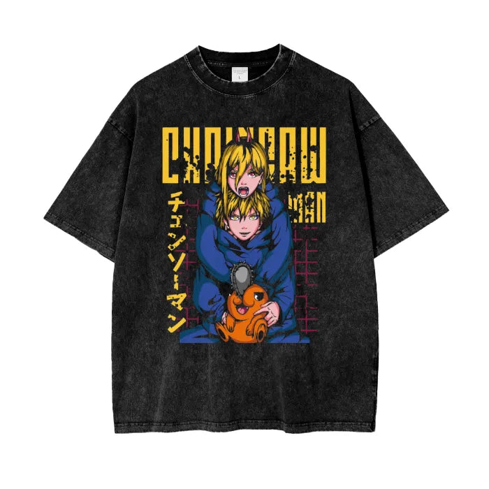 "POWER PLAY" - Denji-Power - Chainsaw Man Anime Vintage / Acid Washed Oversized T-Shirt