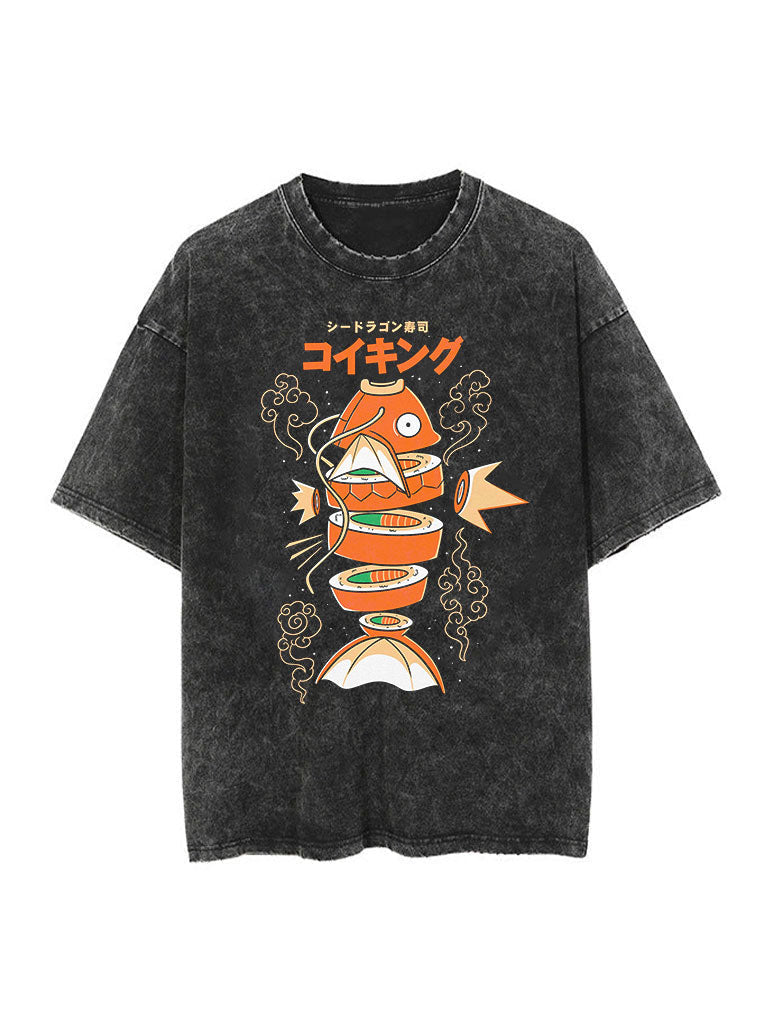 "MAJIK SUSHI" - Magikarp -  Pocket Monsters Anime Vintage / Acid Washed Oversized T-Shirts