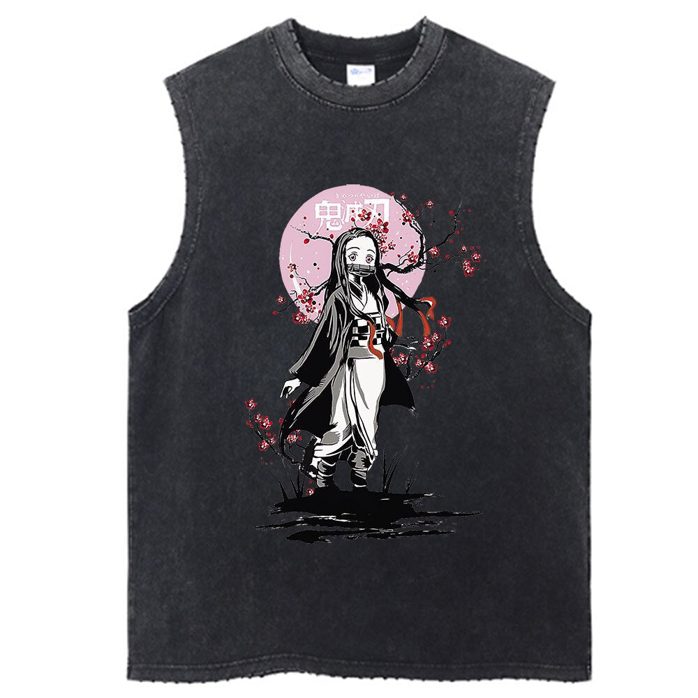 Demon Slayer Anime Vintage Washed Nezuko Kamado Sleeves Tank Tops