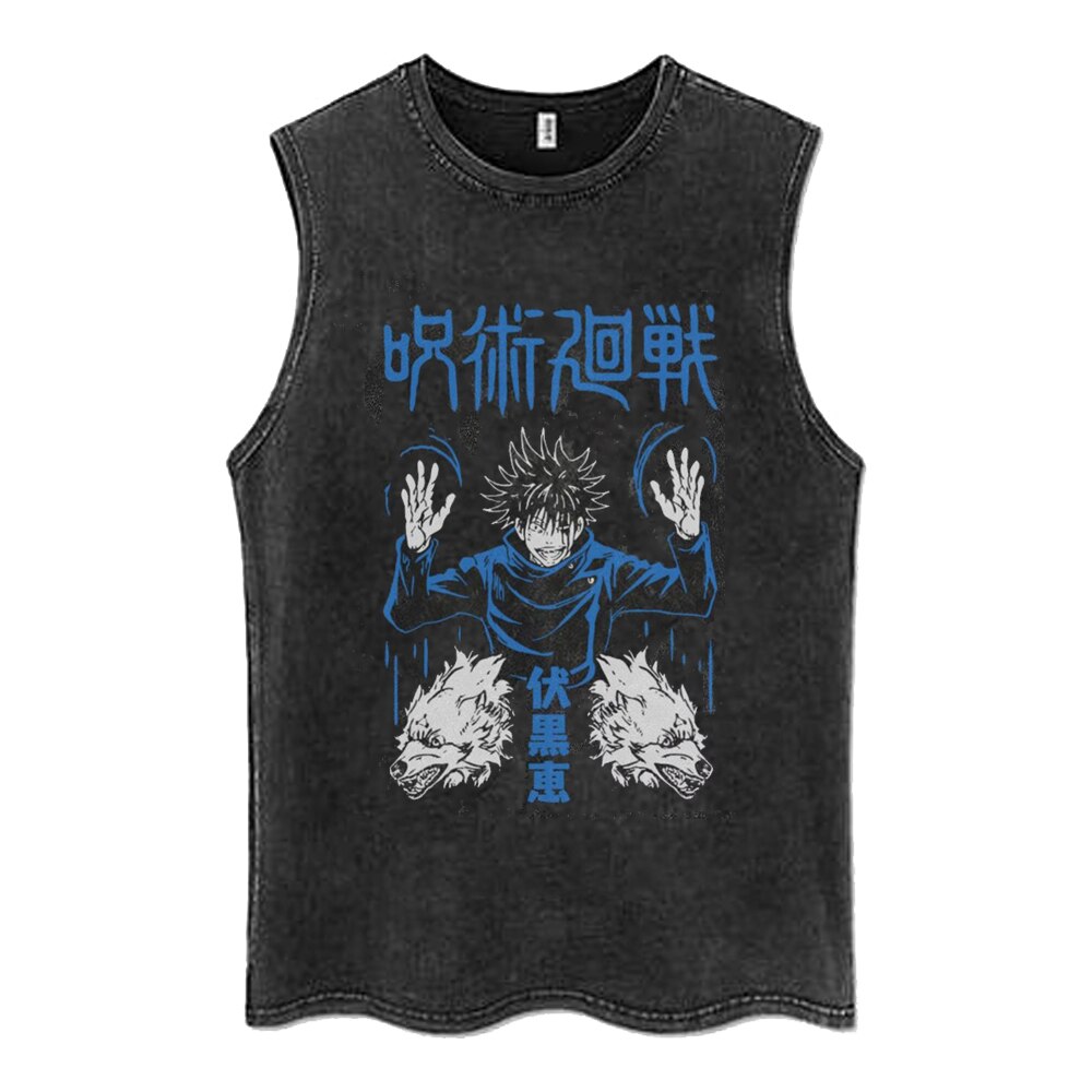 Anime - Streetwear - "MAGIC BATTLE" - Jujutsu Kaisen Anime Vintage / Acid Washed Megumi Fushiguro Sleeveless Tank Tops - Alpha Weebs