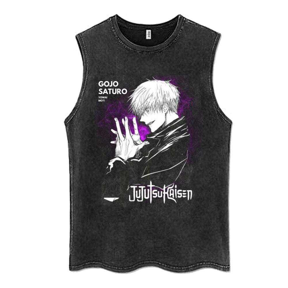 Anime - Streetwear - "MAGICIAN GOJO" - Jujutsu Kaisen Anime Vintage / Acid Washed Gojo Sleeveless Tank Tops - Alpha Weebs
