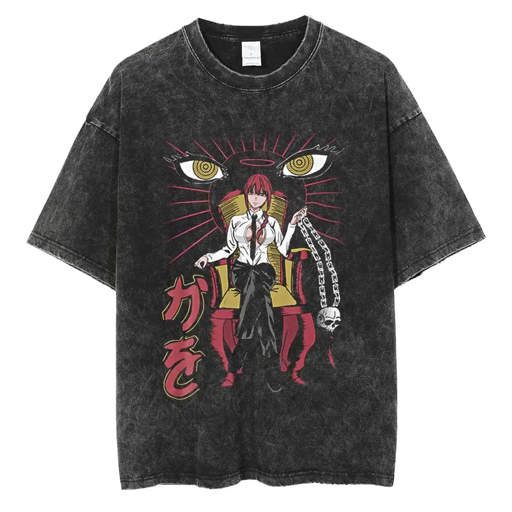 Anime - Streetwear - "MAKIMA" - Chainsaw Man Vintage / Acid Washed Anime Oversized T-Shirts - Alpha Weebs