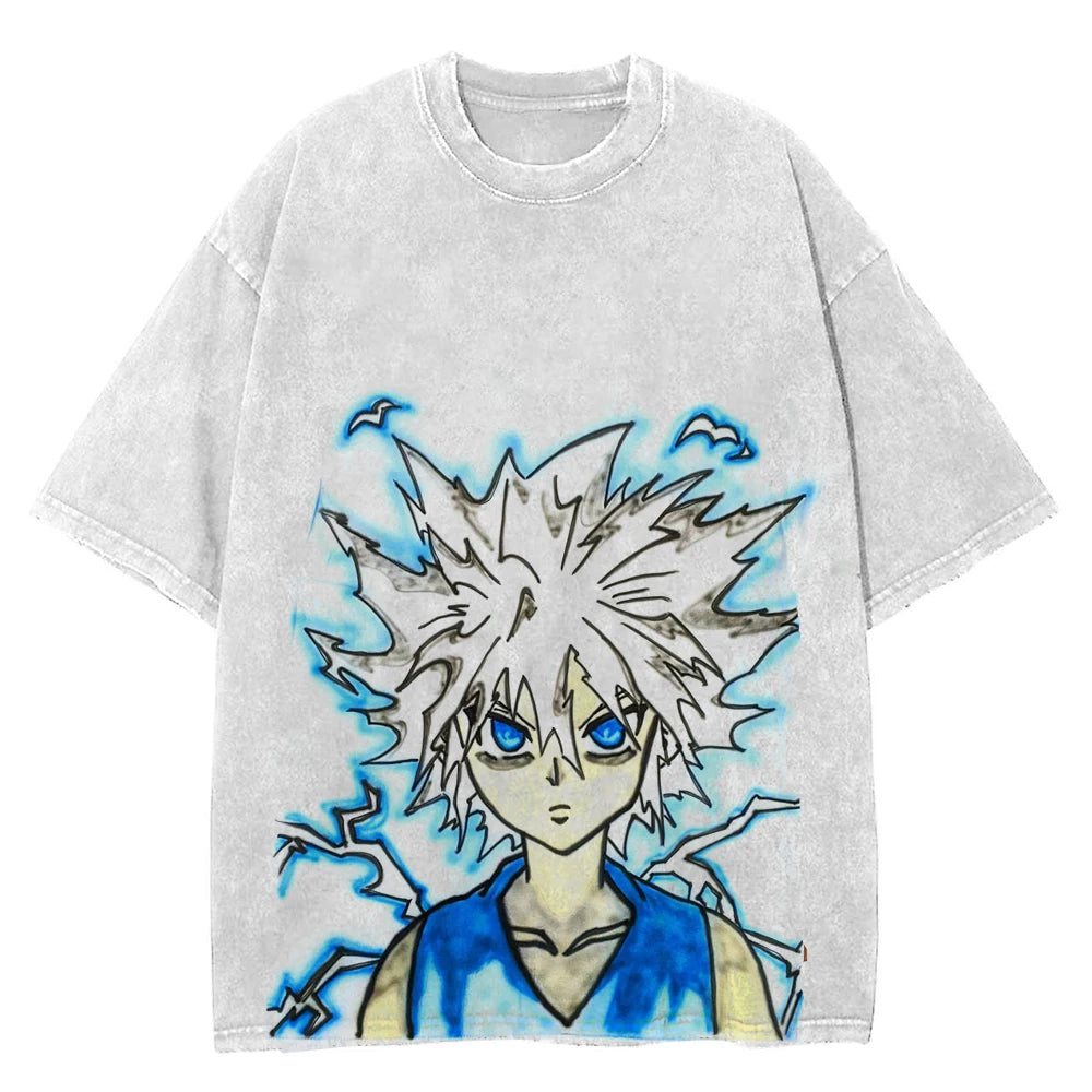 Anime - Streetwear - "PRODIGY HUNTER" - Killua - Hunter x Hunter Anime Vintage / Acid Washed Oversized T-shirt - Alpha Weebs