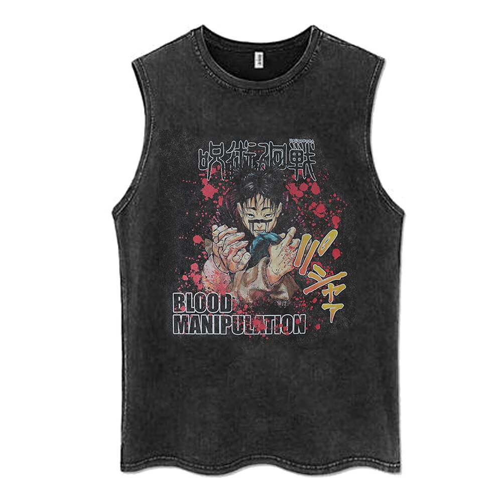 Anime - Streetwear - "BLOOD MANIPULATION" - Jujutsu Kaisen Anime Vintage / Acid Washed Noritoshi Kamo Sleeveless Tank Tops - Alpha Weebs