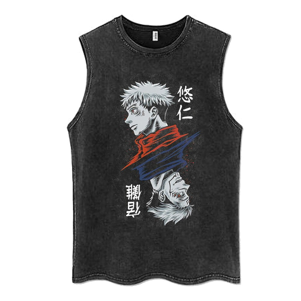 Anime - Streetwear - "DOUBLE FACED" - Jujutsu Kaisen Anime Vintage / Acid Washed Itadori-Ryomen Sleeveless Tank Tops - Alpha Weebs