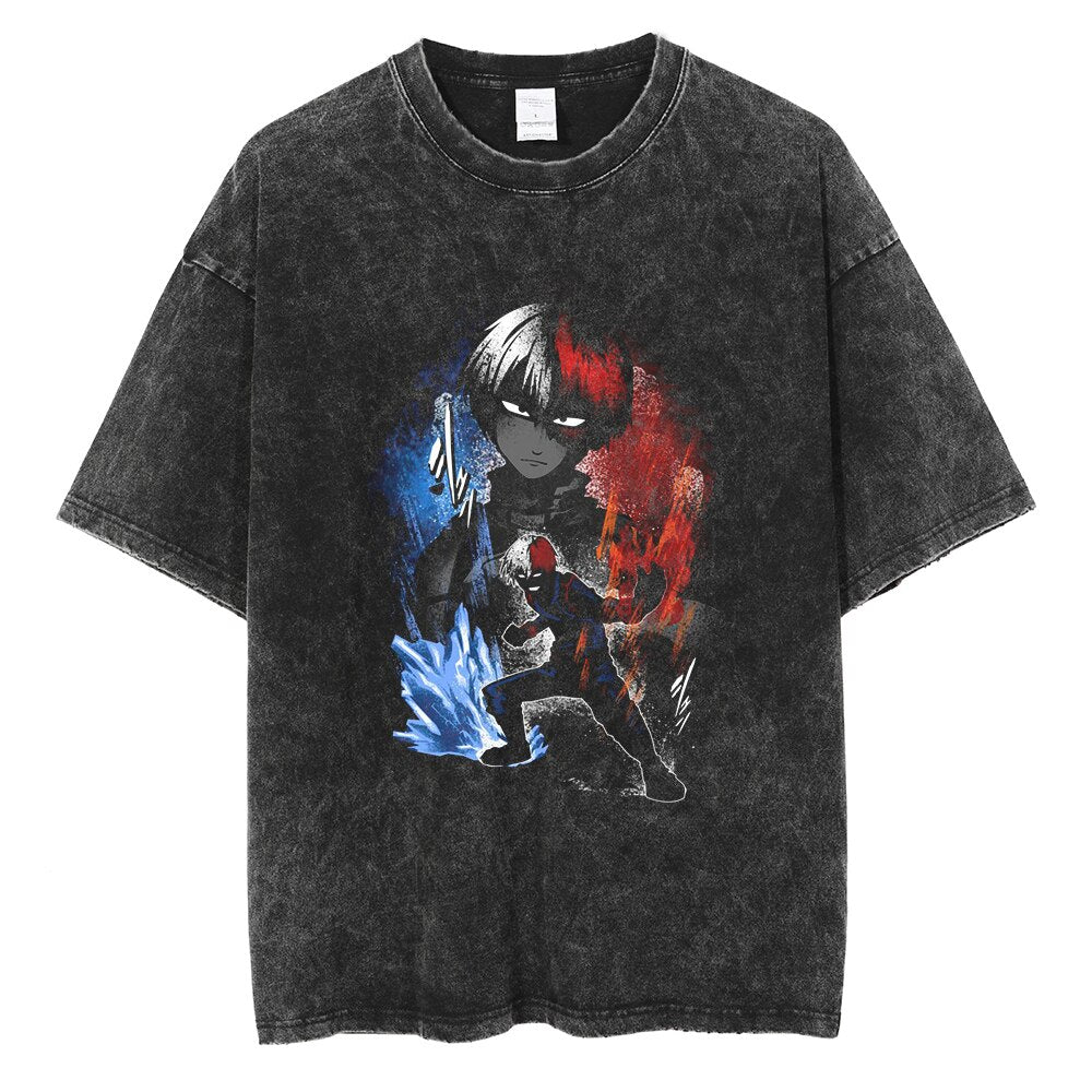Anime - Streetwear - "HALF HALF" - My Hero Academia Anime Shoto Vintage / Acid Washed Oversized T-Shirts - Alpha Weebs
