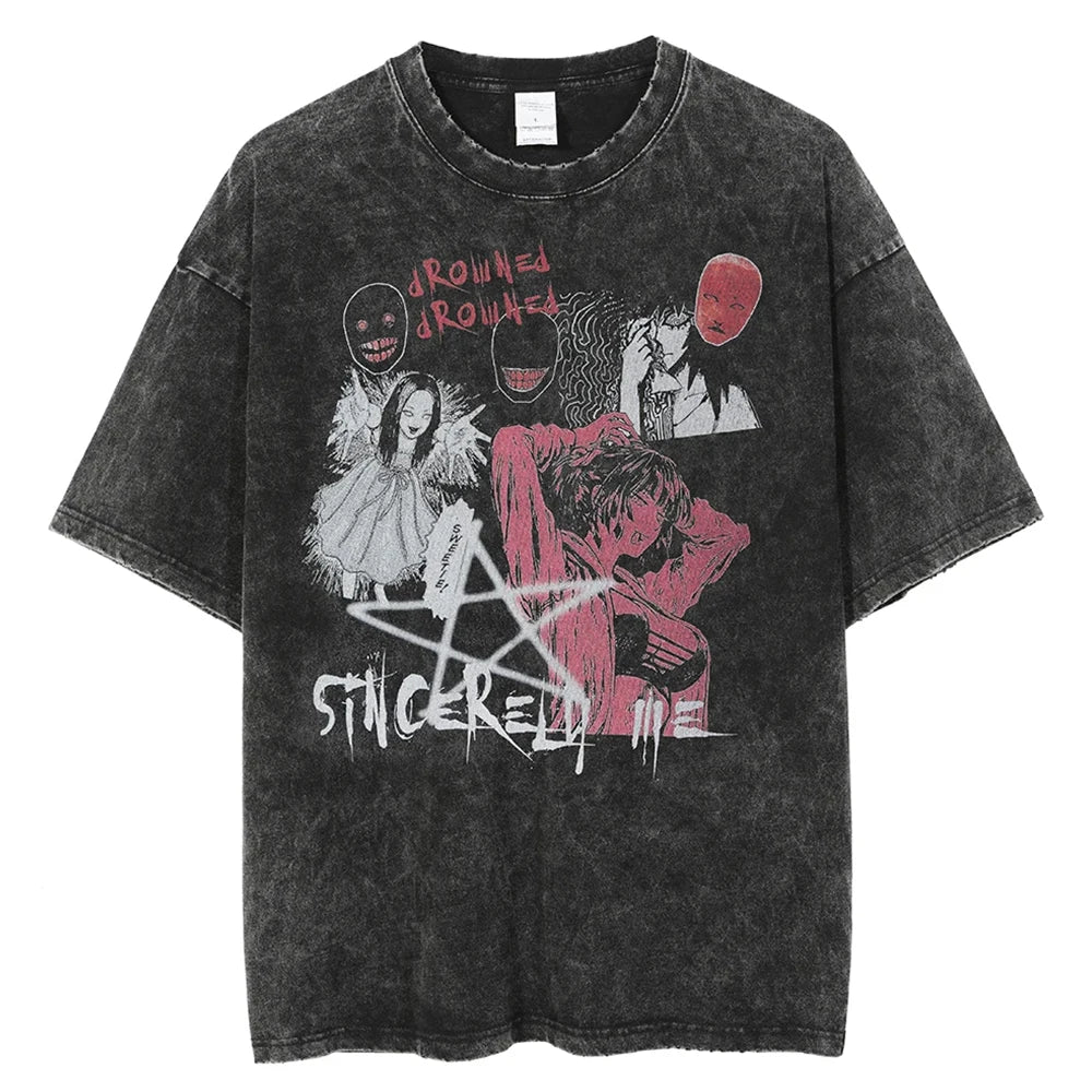 "ASHEN SOUL" - Mis-Ama - Dea-Not Anime Vintage \ Acid Washed Oversized T-Shirt