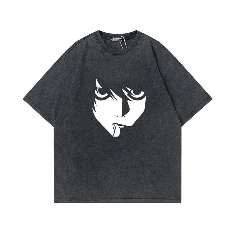 Anime - Streetwear - "L "- Death Note Anime Vintage / Acid Washed Oversized T-Shirts - Alpha Weebs