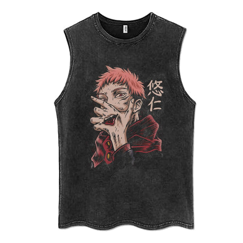 Anime - Streetwear - "LICK" - Jujutsu Kaisen Anime Vintage / Acid Washed Yuji Itadori Sleeveless Tank Tops - Alpha Weebs