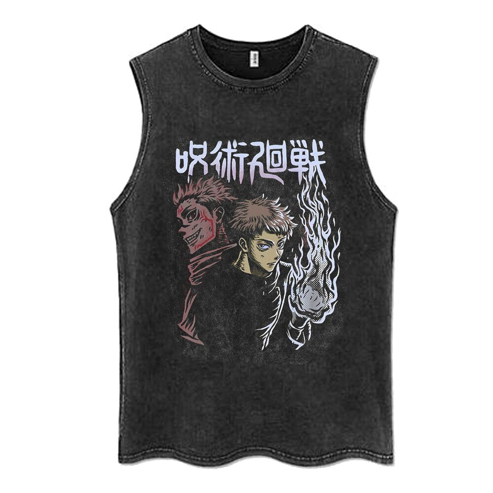 Anime - Streetwear - "DUAL FACED" - Jujutsu Kaisen Anime Vintage / Acid Washed Yuji-Sukuna Sleeveless Tank Tops - Alpha Weebs