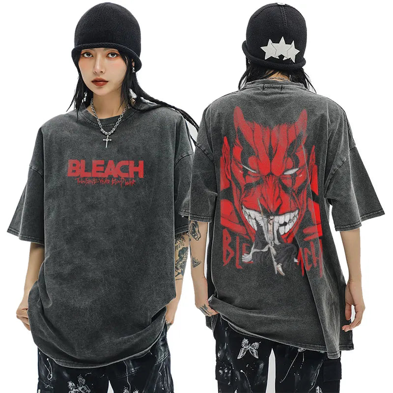 Anime - Streetwear - "UNNAMED BANKAI" - Bleach Zaraki Kenpachi Anime Vintage / Acid Oversized T-shirt - Alpha Weebs