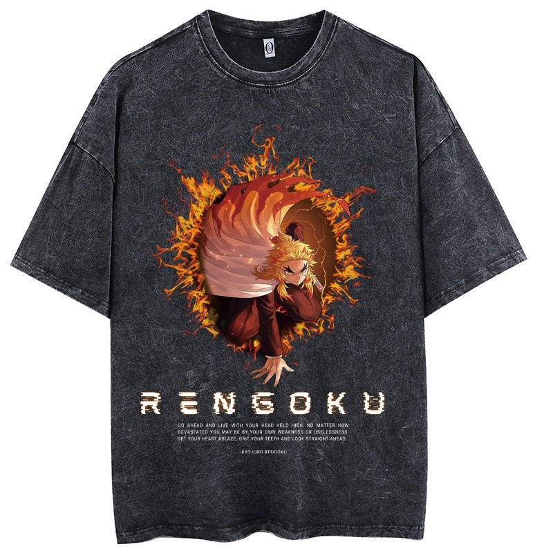 "FLAMER" - Demon Slayer Anime Rengoku Vintage Washed Oversized T-Shirts