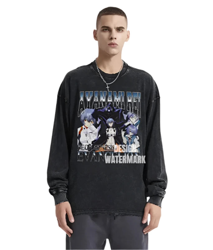 Anime - Streetwear - "THE DOLL" - Rei Ayanami - Neon Genesis Evangelion Vintage / Acid Washed Sweatshirts - Alpha Weebs