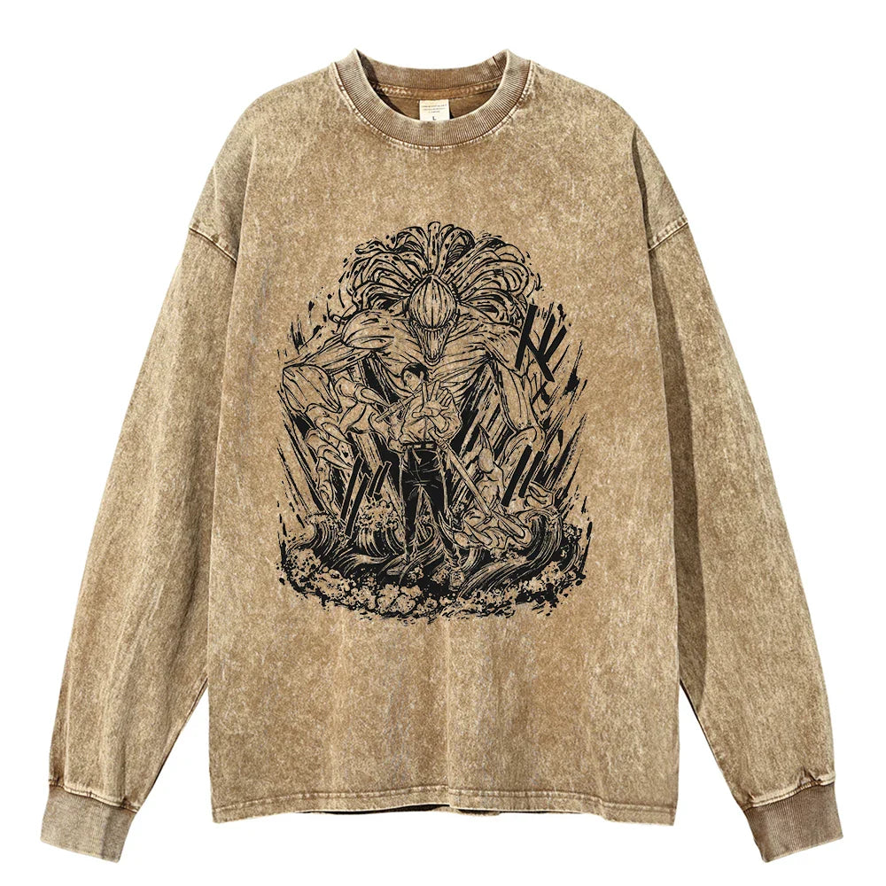 "SCARS OF WAR" - Yuta + Rika - Jujutsu Kaisen Anime Vintage / Acid Washed Sweatshirt