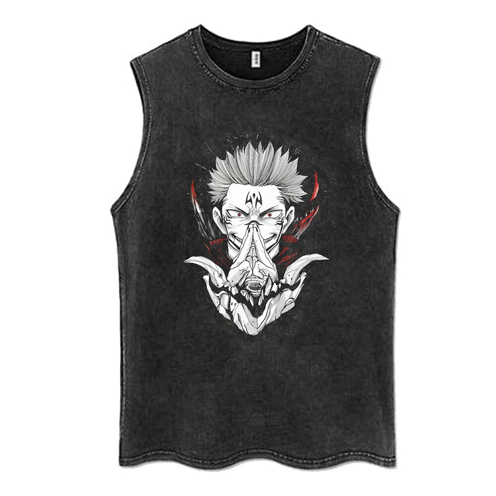 Anime - Streetwear - "POSSESSED" - Jujutsu Kaisen Anime Vintage / Acid Washed Ryomen Sukuna Sleeveless Tank Tops - Alpha Weebs