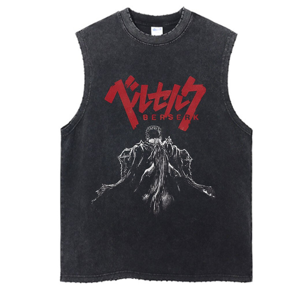 Anime - Streetwear - "CLASSIC" - Berserk Anime Vintage / Acid Washed Guts Sleeves Tank Top - Alpha Weebs