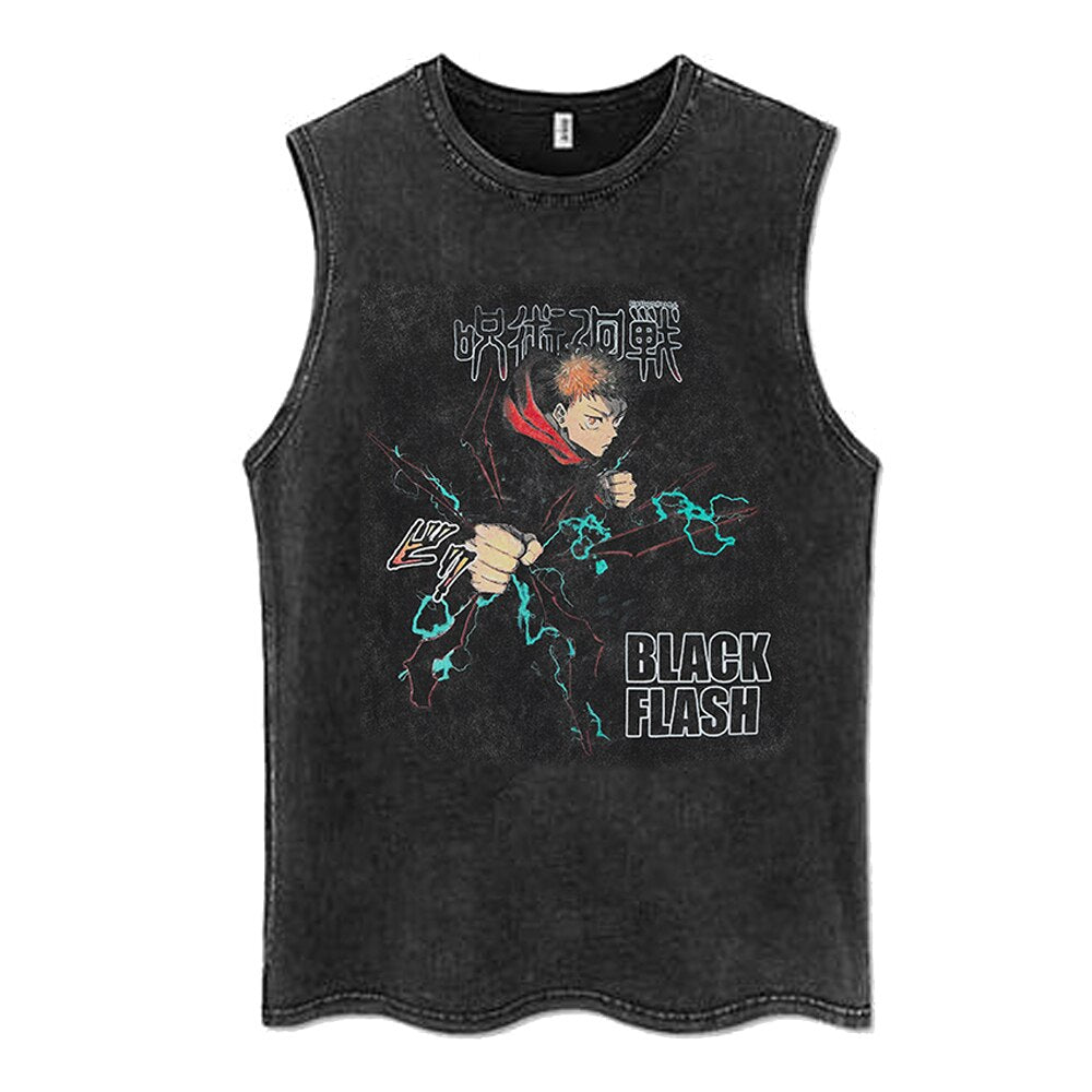 Anime - Streetwear - "BLACK FLASH" - Jujutsu Kaisen Anime Vintage / Acid Washed Yuji Itadori Sleeveless Tank Tops - Alpha Weebs