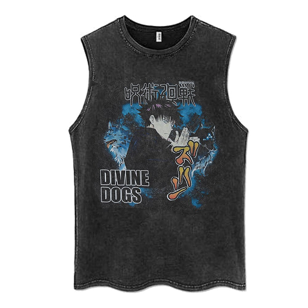 Anime - Streetwear - "DIVINE DOGS" - Jujutsu Kaisen Anime Vintage / Acid Washed Megumi Fushiguro Sleeveless Tank Tops - Alpha Weebs