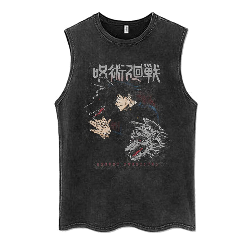 Anime - Streetwear - "DOGGY STYLE" - Jujutsu Kaisen Anime Vintage / Acid Washed Megumi Sleeveless Tank Tops - Alpha Weebs