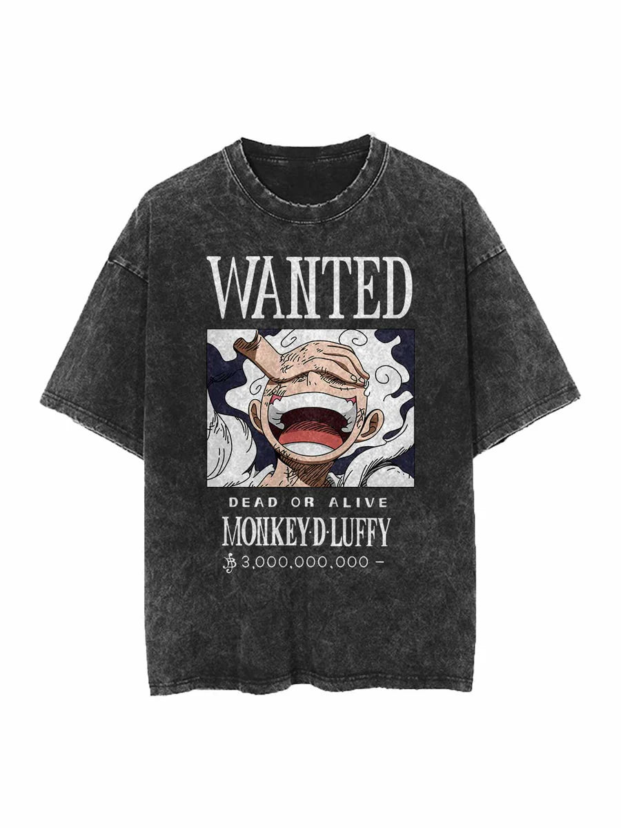 "WANTED GOD" - GEAR 5 OP Anime Vintage / Acid Washed Oversized T-Shirts