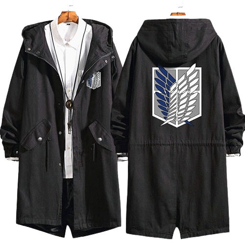 Anime - Streetwear - "DRIP CROP" - Survey Corps Long Hooded Coat | Black - AOT Anime - Alpha Weebs