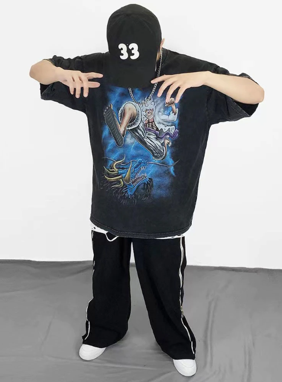 Anime - Streetwear - "FLYKICK LUFFY" - Vintage Washed One Piece Anime Oversized T-Shirt - Alpha Weebs