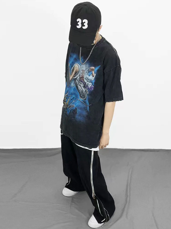 Anime - Streetwear - "FLYKICK LUFFY" - Vintage Washed One Piece Anime Oversized T-Shirt - Alpha Weebs