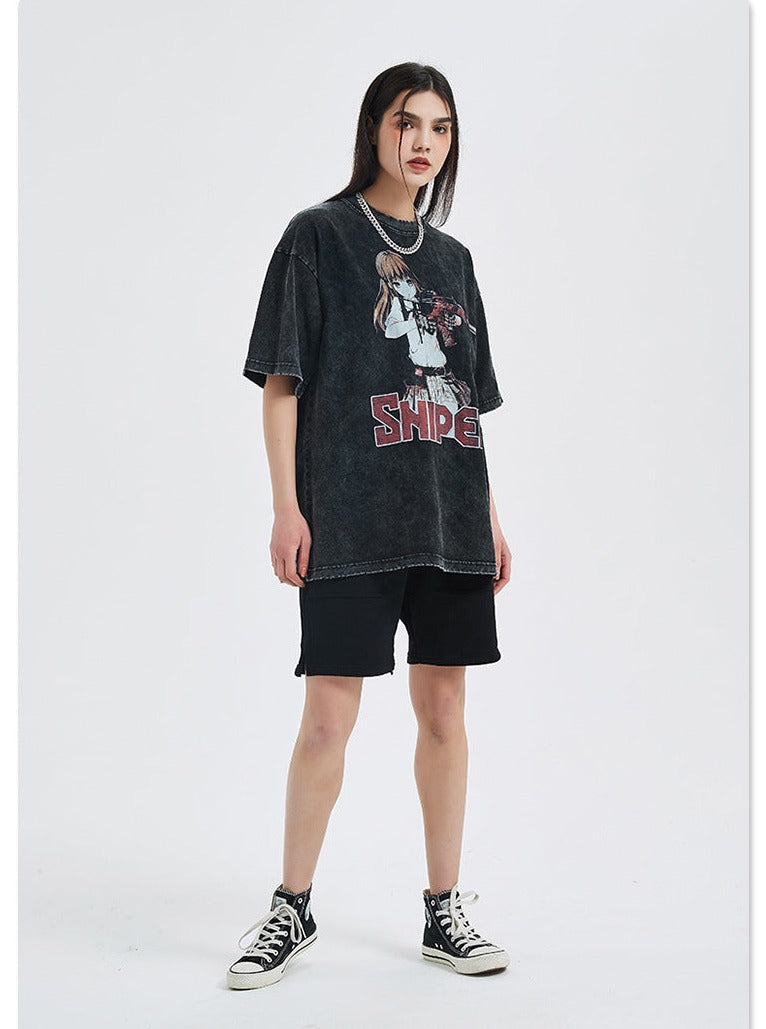 Anime - Streetwear - "SNIPER" - Anime Oversized Vintage / Acid Washed T-Shirts - Alpha Weebs