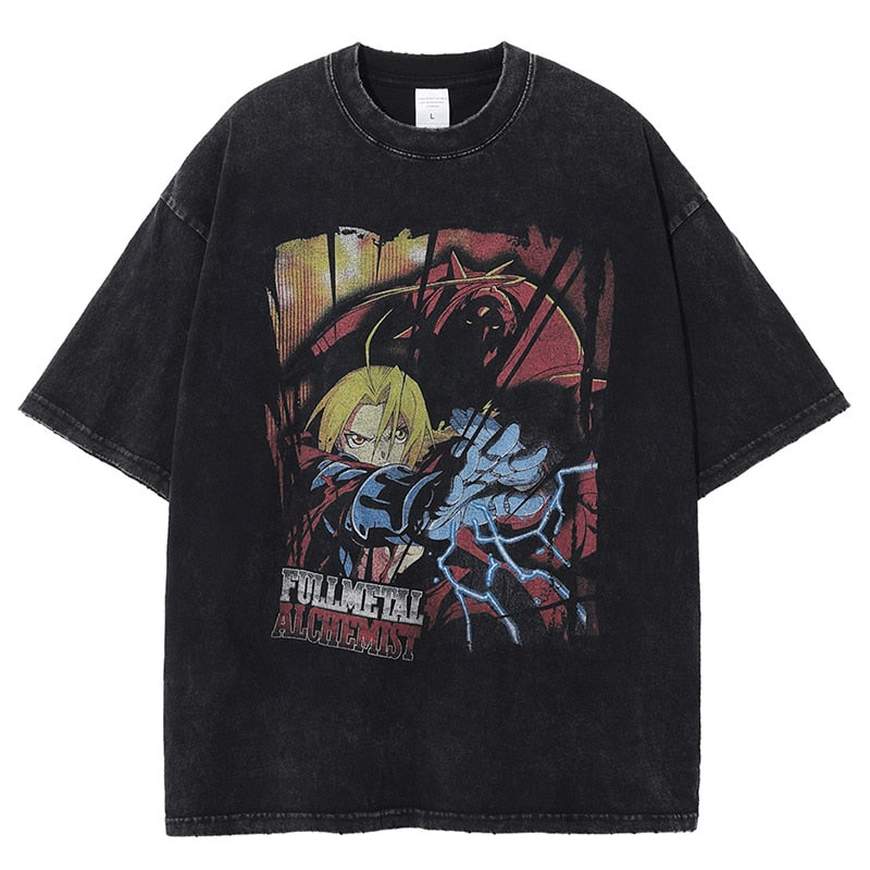 Anime - Streetwear - "ELRICS" - Vintage / Acid Washed Fullmetal Alchemist Oversized T-Shirt - Alpha Weebs