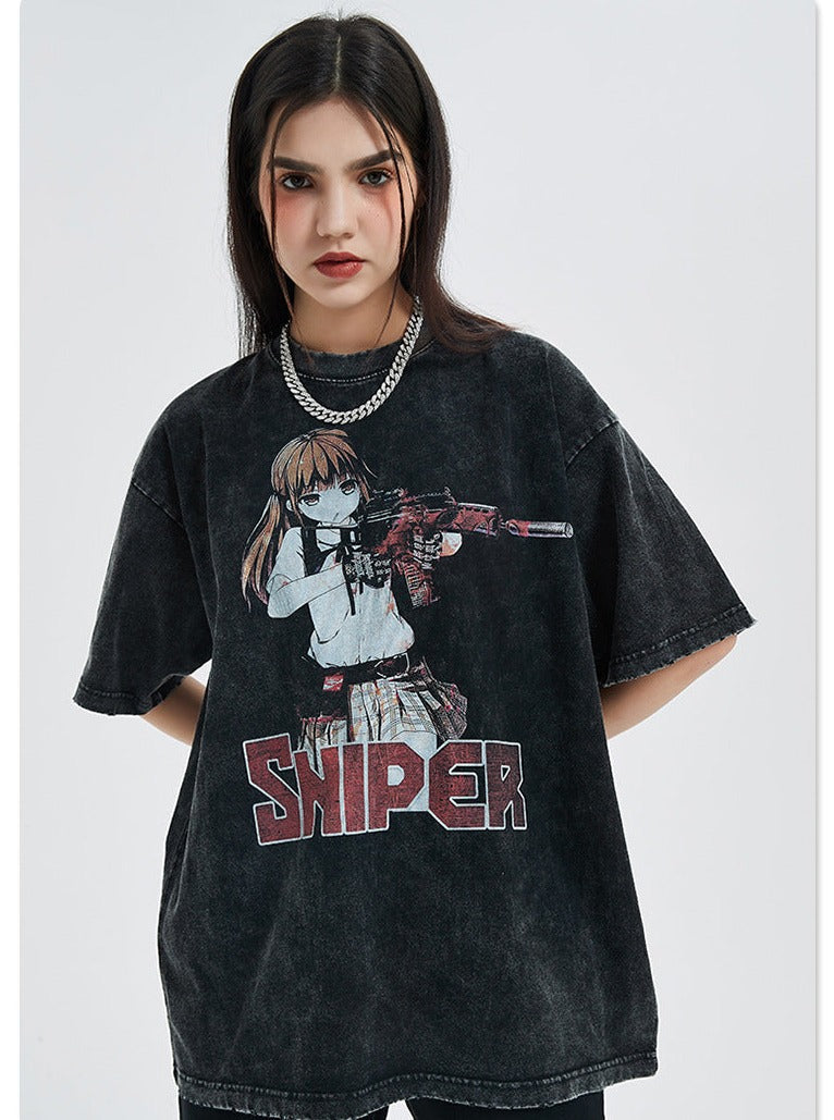 Anime - Streetwear - "SNIPER" - Anime Oversized Vintage / Acid Washed T-Shirts - Alpha Weebs