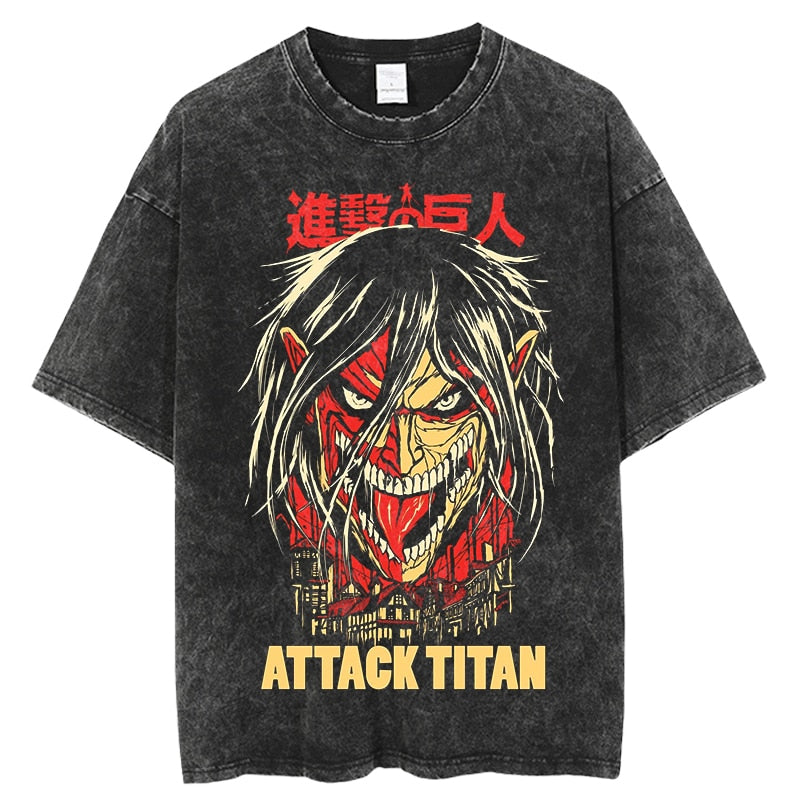 Anime - Streetwear - "ATTACK" - Attack On Titan Anime Eren Yeager Vintage / Acid Washed Oversized T-Shirt - Alpha Weebs