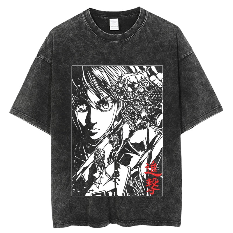 Anime - Streetwear - "BUDDING FIGHTER" - Attack On Titan Anime Eren Yeager Vintage / Acid Washed Oversized T-Shirt - Alpha Weebs
