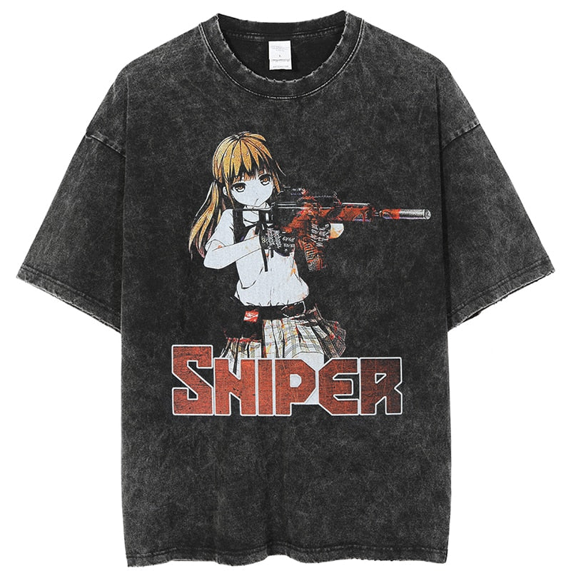Anime - Streetwear - "SNIPER" - Anime Oversized Vintage / Acid Washed T-Shirts - Alpha Weebs