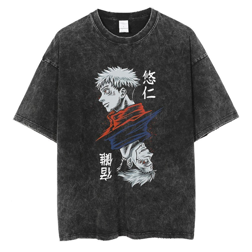 Anime - Streetwear - "DOUBLE FACED" - Jujutsu Kaisen Anime Vintage / Acid Washed Oversized T-Shirt - Alpha Weebs
