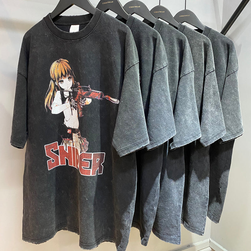 Anime - Streetwear - "SNIPER" - Anime Oversized Vintage / Acid Washed T-Shirts - Alpha Weebs