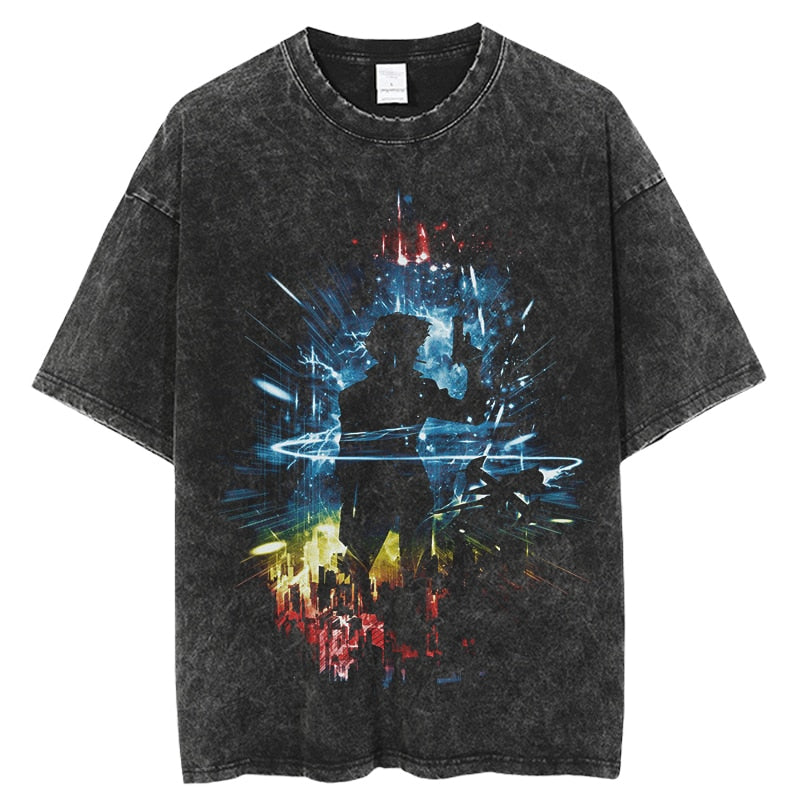 Anime - Streetwear - "GALAXY SPIKE" - Vintage / Acid Washed Cowboy Bebop Anime T-Shirt - Alpha Weebs
