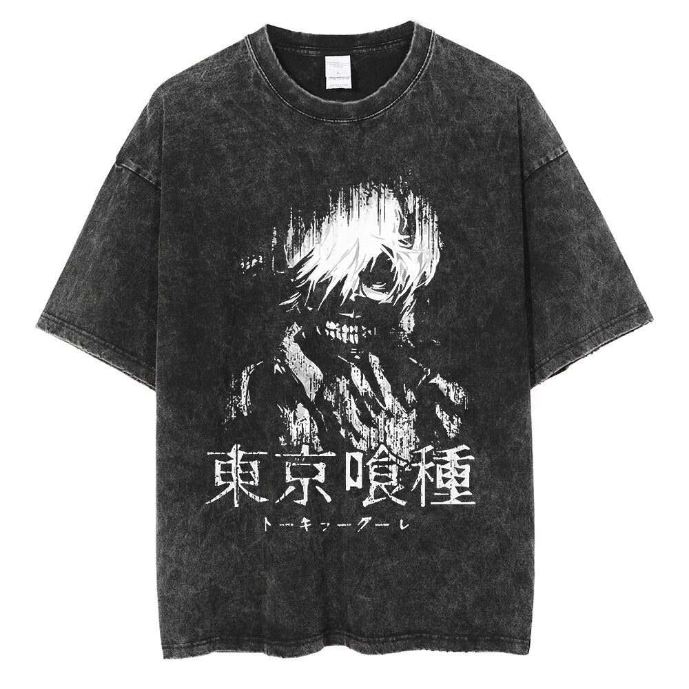 Anime - Streetwear - "COFFEE THIRST" - Tokyo Ghoul Anime Kaneki Vintage / Acid Washed Oversized T-Shirt - Alpha Weebs