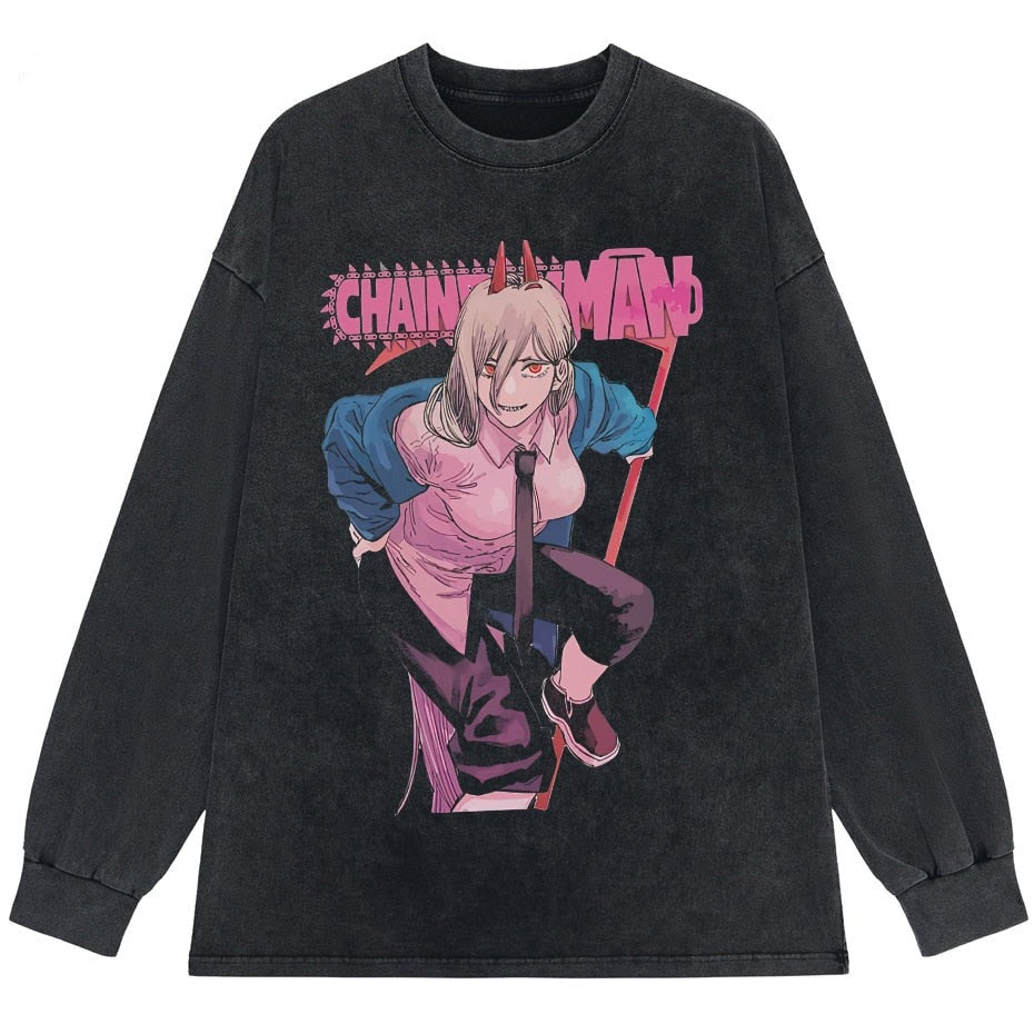Anime - Streetwear - "POWER " - Chainsaw Man Anime Vintage / Acid Washed Sweatshirt (Chain Option) - Alpha Weebs