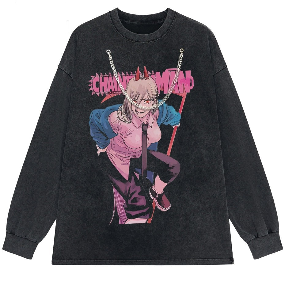 Anime - Streetwear - "POWER " - Chainsaw Man Anime Vintage / Acid Washed Sweatshirt (Chain Option) - Alpha Weebs