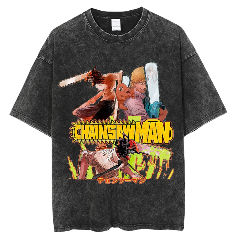 Anime - Streetwear - Chainsaw Man Vintage / Acid Washed Anime Oversized T-Shirt - Alpha Weebs
