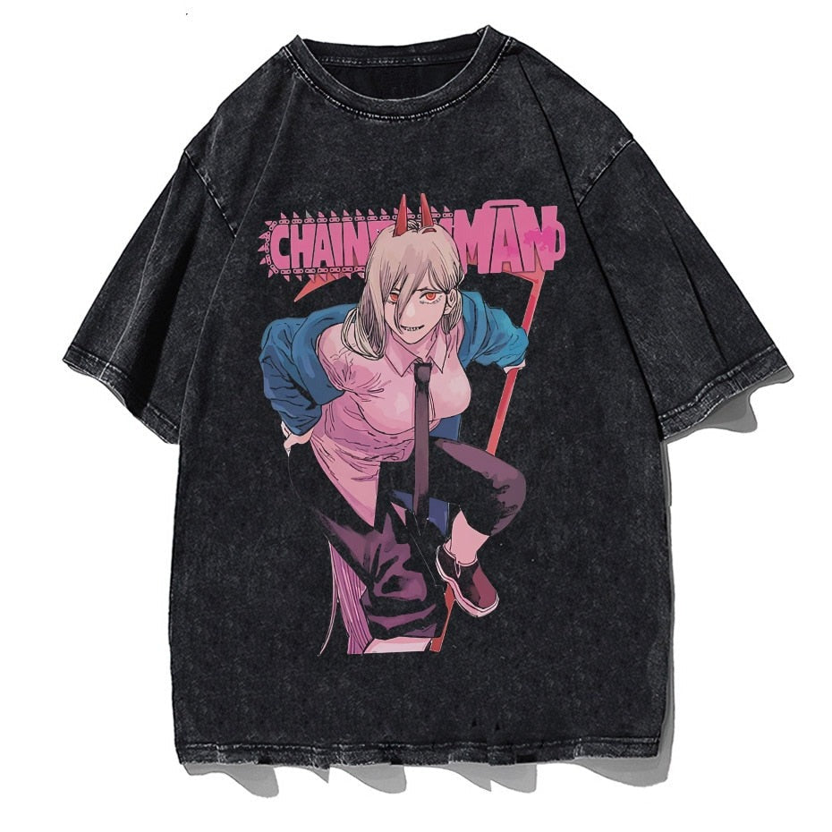 Anime - Streetwear - "POWERFUL" - Chainsaw Man Anime Vintage / Acid Washed T-Shirt - Alpha Weebs