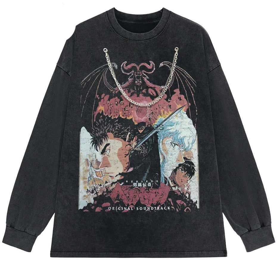 Anime - Streetwear - "GUTS-GRIFFITH" - Berserk Anime Vintage / Acid Washed Oversized Sweatshirt (Chain Option) - Alpha Weebs
