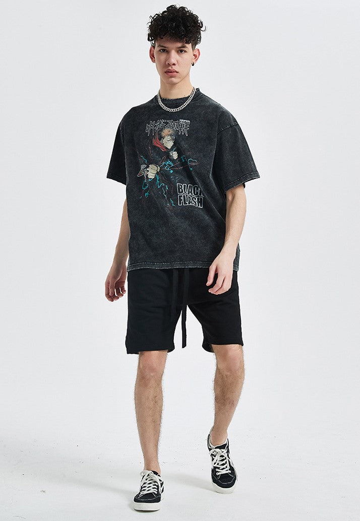 Anime - Streetwear - "BLACK FLASH" - Jujutsu Kaisen Yuji Anime - Oversized Vintage / Acid Washed T-shirt - Alpha Weebs