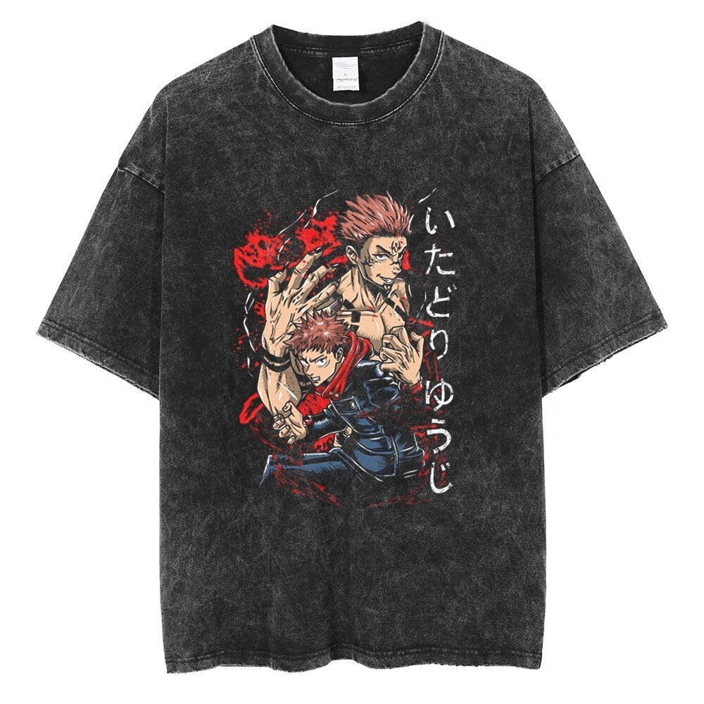 Anime - Streetwear - "ANGEL & DEAMON" - Jujutsu Kaisen Anime Vintage / Acid Washed Oversized T-Shirt - Alpha Weebs