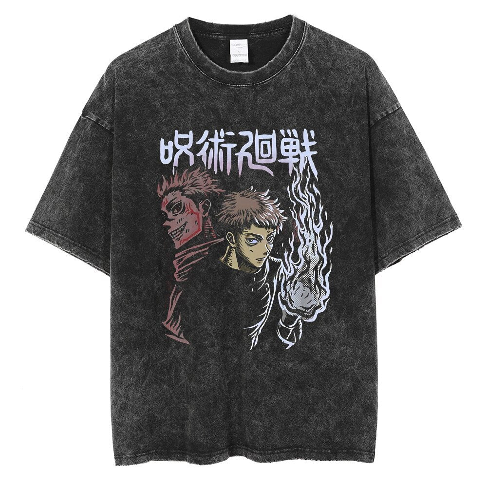 Anime - Streetwear - "DOUBLE FACED" - Jujutsu Kaisen Anime Vintage / Acid Washed Oversized T-Shirt - Alpha Weebs