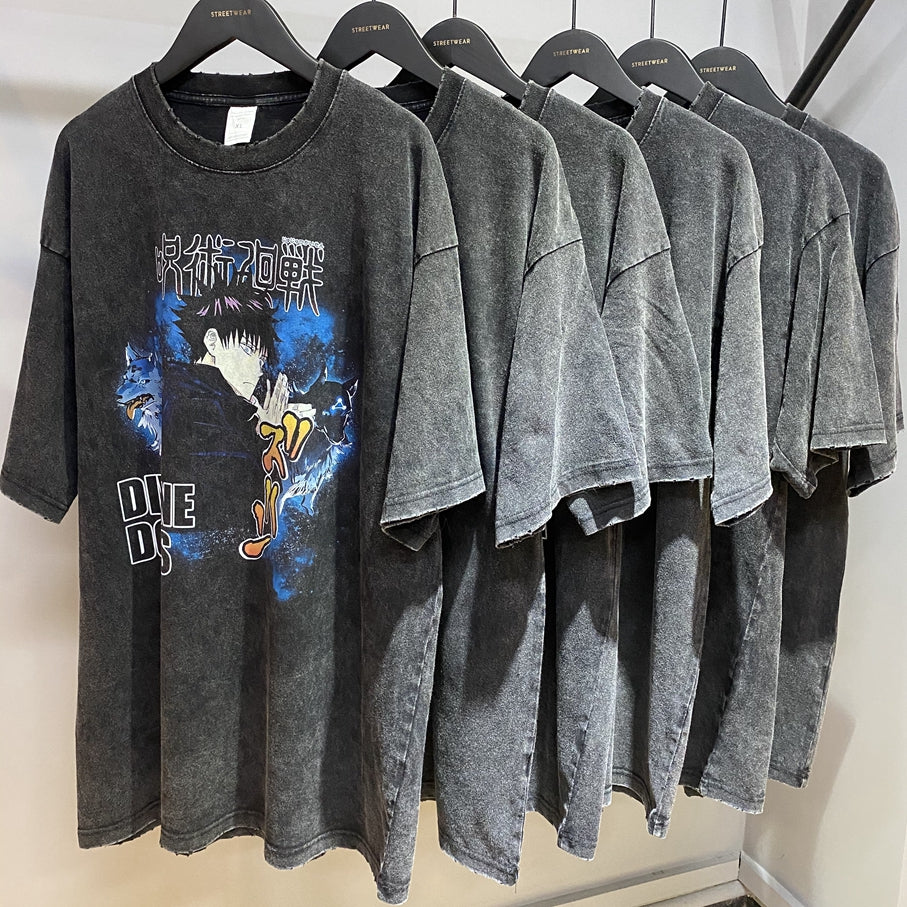 Anime - Streetwear - "DIVINE DOGS" - Megumi Jujutsu Kaisen Anime Oversized Vintage / Acid Washed T-Shirt - Alpha Weebs