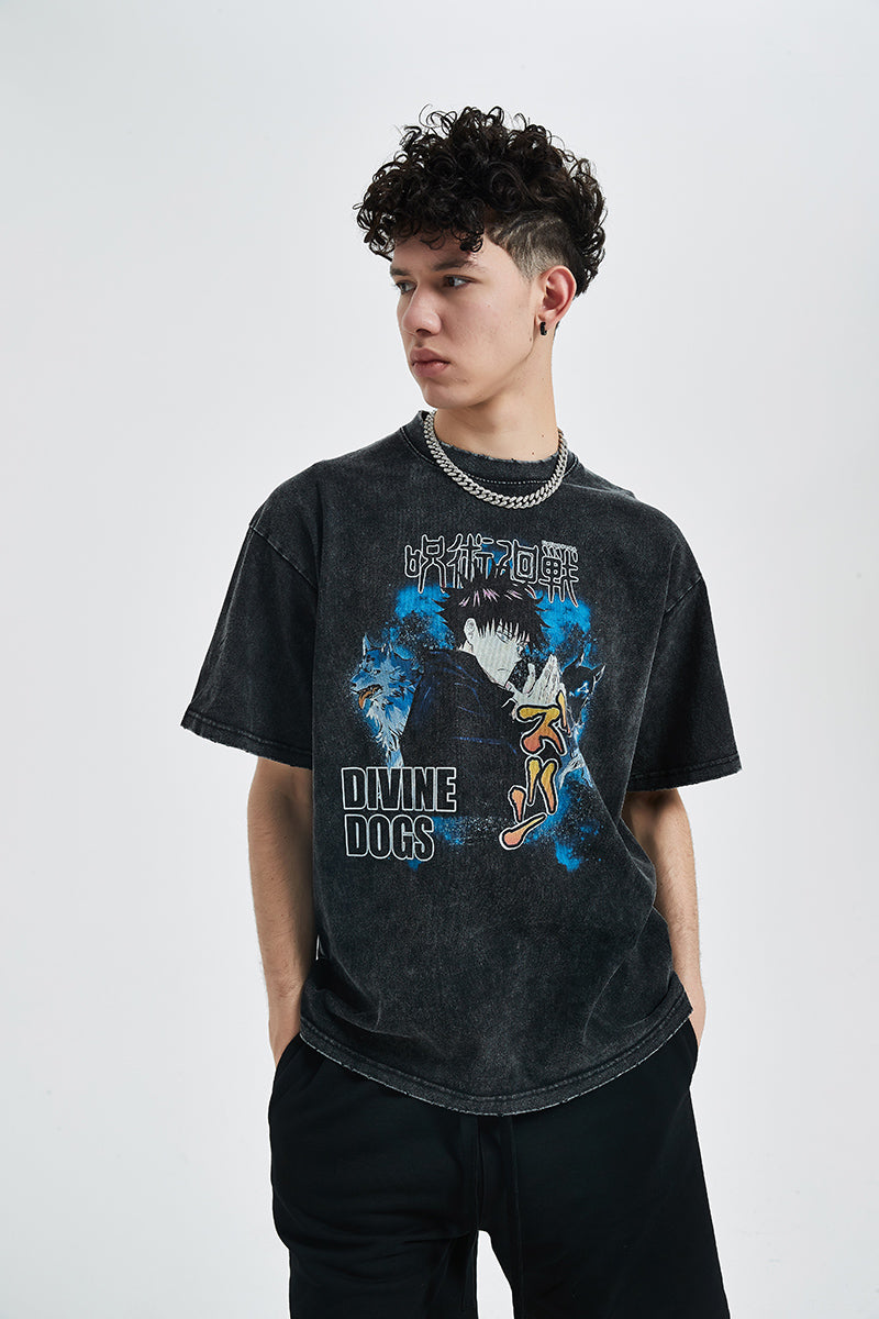 Anime - Streetwear - "DIVINE DOGS" - Megumi Jujutsu Kaisen Anime Oversized Vintage / Acid Washed T-Shirt - Alpha Weebs
