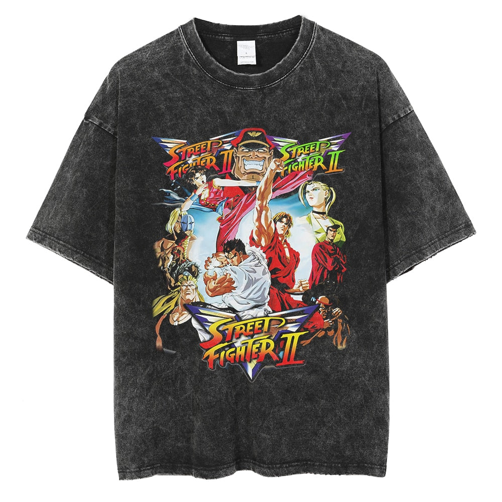 Anime - Streetwear - "STREETS" - Vintage / Acid Washed Street Fighter Anime Oversized T-Shirt - Alpha Weebs