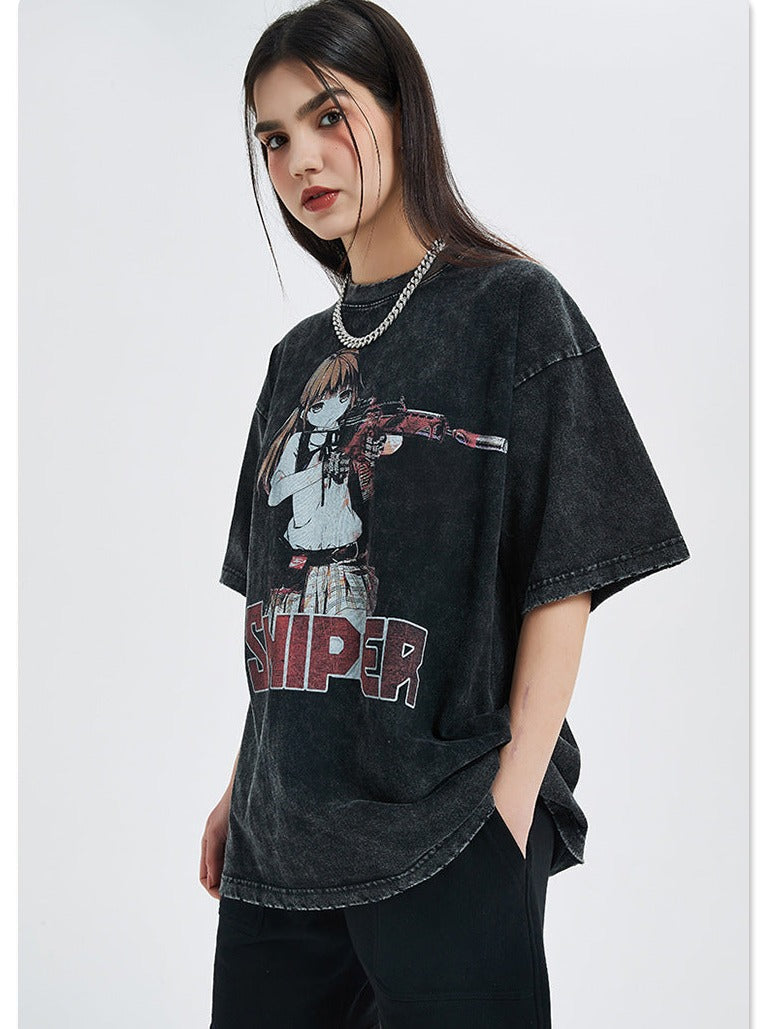 Anime - Streetwear - "SNIPER" - Anime Oversized Vintage / Acid Washed T-Shirts - Alpha Weebs