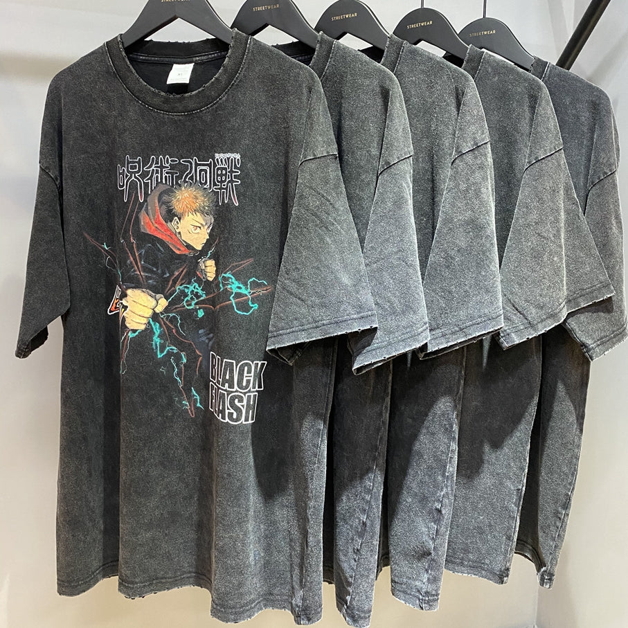 Anime - Streetwear - "BLACK FLASH" - Jujutsu Kaisen Yuji Anime - Oversized Vintage / Acid Washed T-shirt - Alpha Weebs